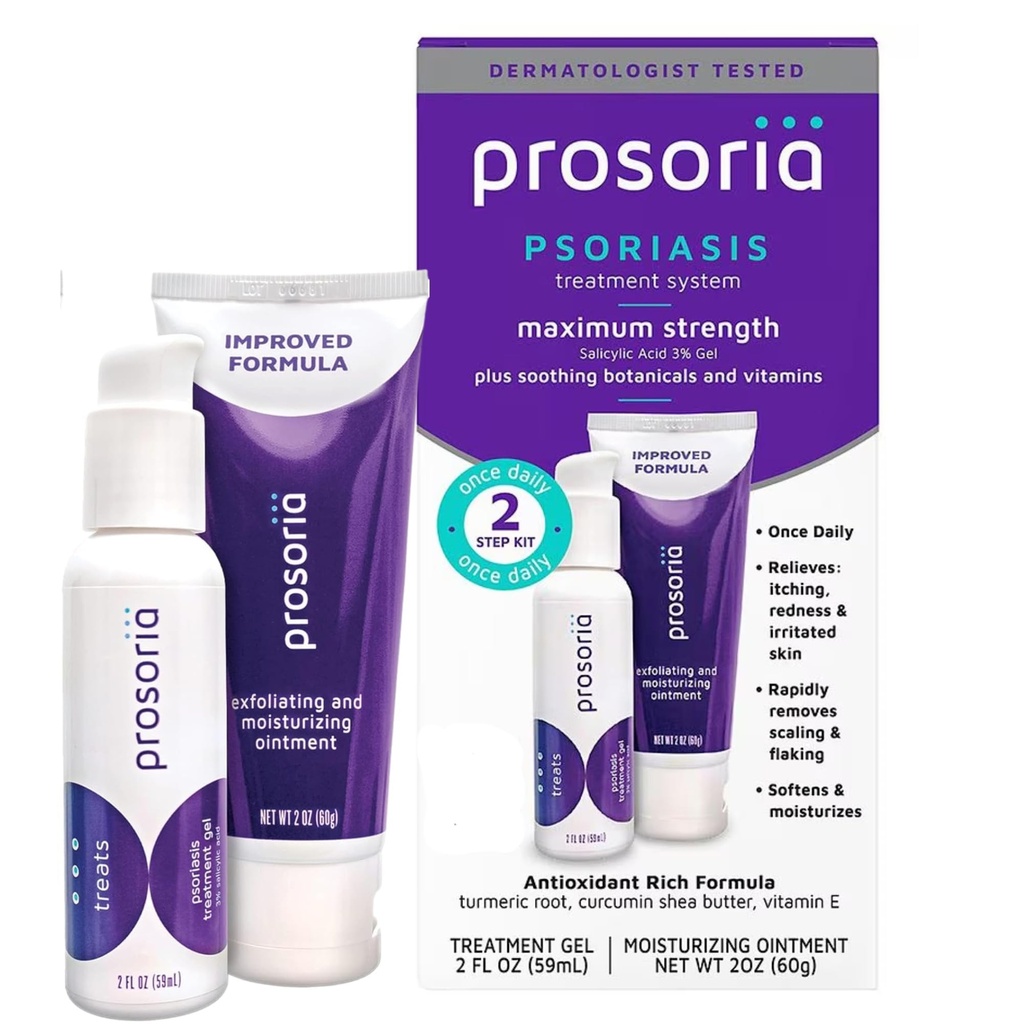 Prosoria治疗系统单套 – 2oz → 强力Psorias Relief with Salicylic Acid, Turmeric, Shea Butter & Vitamins → Gel & Ointment 用于缩放,火焰,干燥,痒和红度 Relief