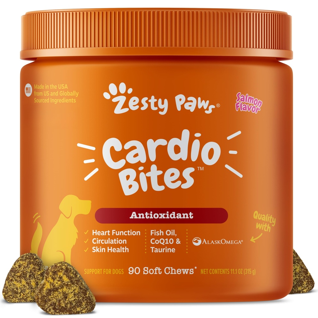 Zesty Paws 心血管支持狗 - Taurine for Dogs - 与CoQ10,L Carnitine & Sea Buckthorn - 老年心脏健康 - AlaskOmega 鱼油 Omega 3 - 老年 - 沙门 - 90 计数