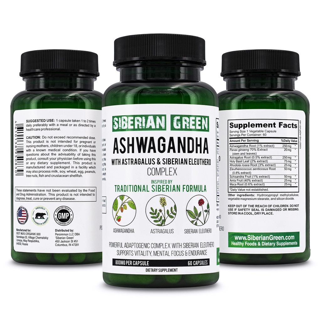 西伯利亚绿色有机Ashwagandha根与Astragalus & Siberian Eleuthero Ginseng 综合体 60 Capsules 强大草药支持