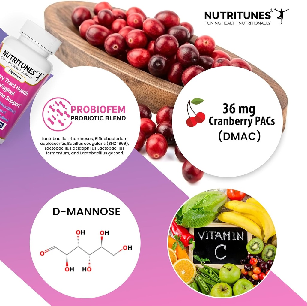 Cranberry PACs,配有D Mannose Supplements供妇女、维生素C和妇女阴道良药,包括乳房杆菌和乳房杆菌菌菌株,用于尿道切除术保健 -- -- 60个Femuni UTH Capsules