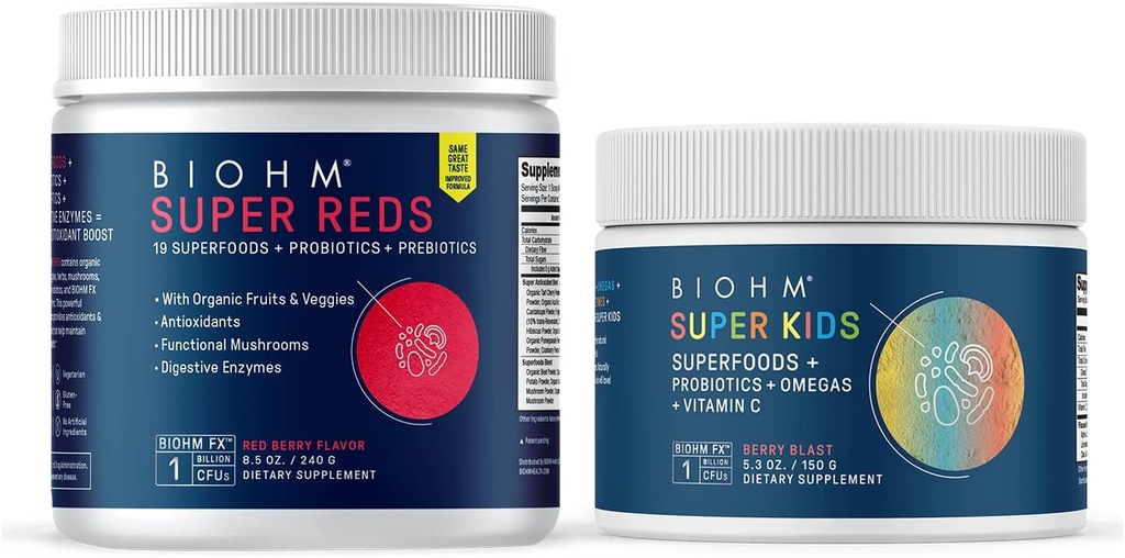 BIOHM 超级红人超食品粉,Tart Cherry & Super Kids 超级食品粉+ Probiotics, 受益抗氧化剂 & Omega-3 - Gluten Free, GMO Free, 乳品自由,没有人工食品