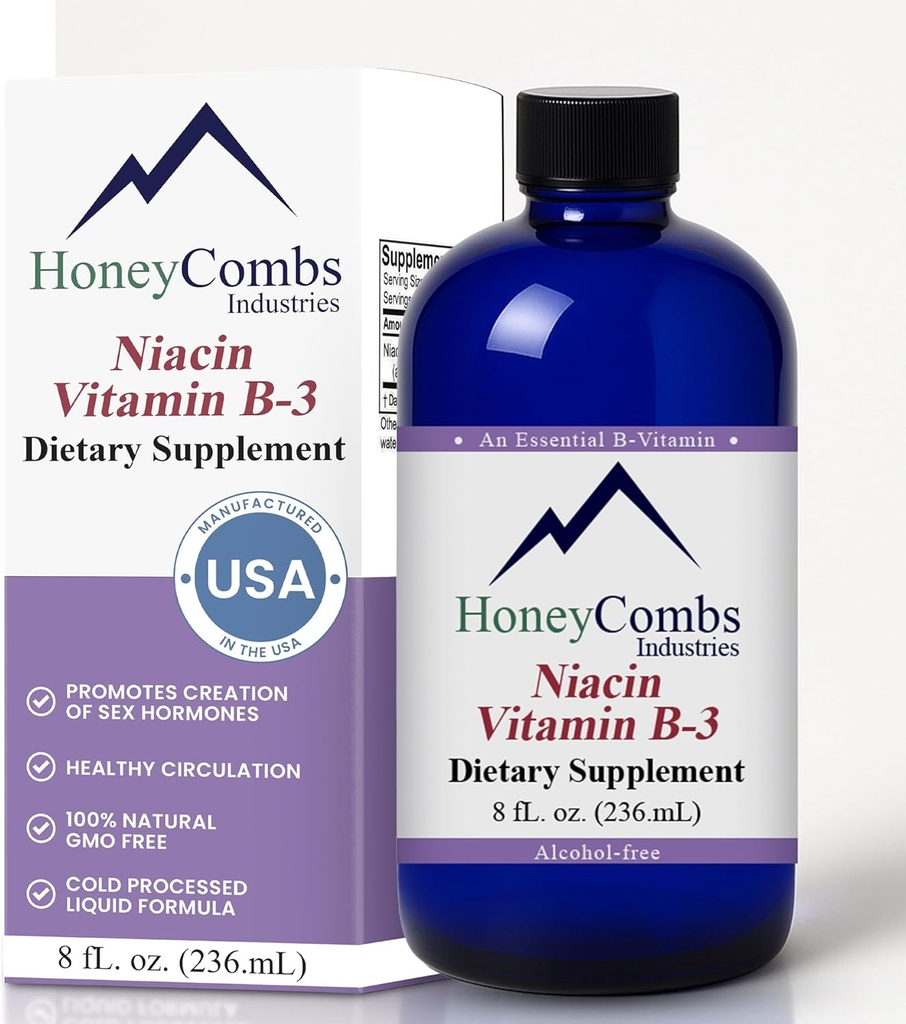 HoneyCombs Vitamin B3 Niacin 补充液滴 - 高发性维生素 B3 男女液滴 - 维护消化系统,皮肤,舌头,能量和更多 - Vegan Niacin 滴(8 Fl oz)