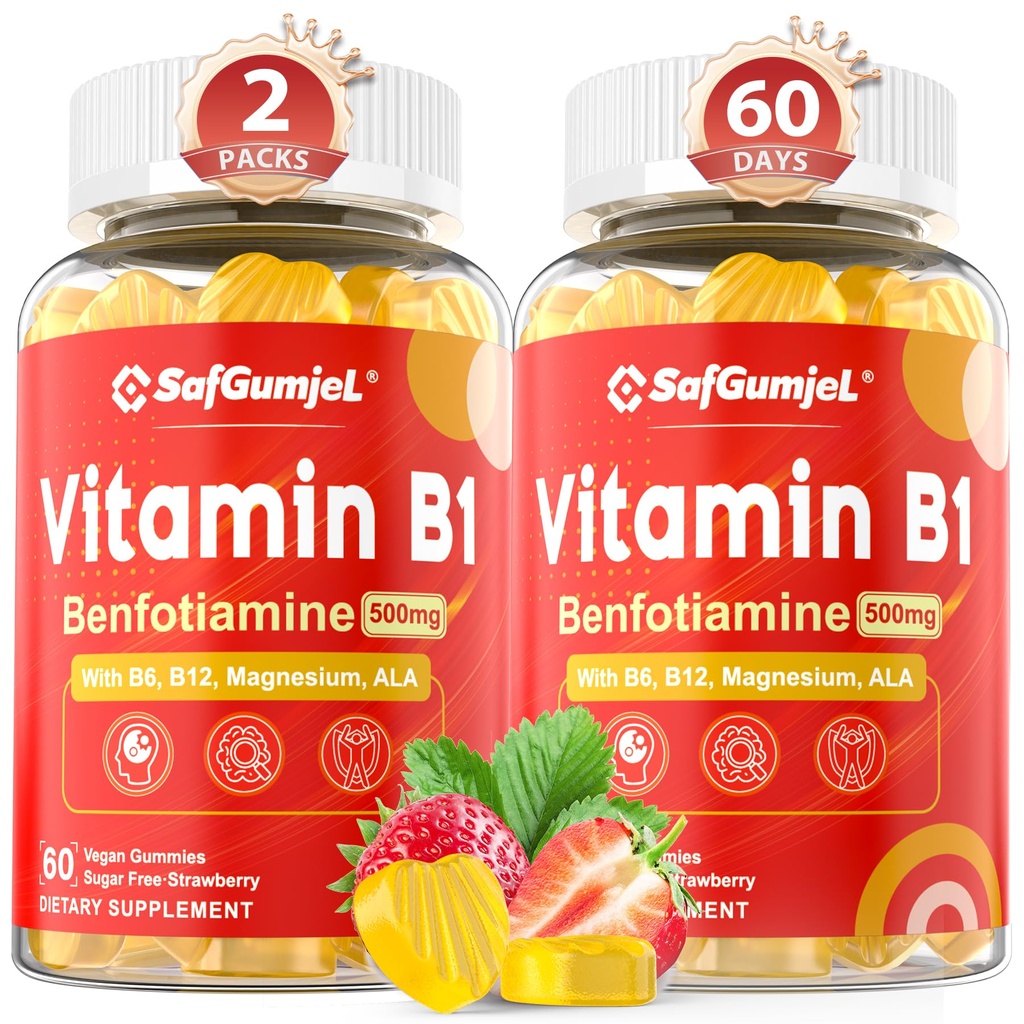 维生素B1 Gummys | Benfotiamine 500 mg 配有维生素B6 B9 B12 & 镁用于神经健康,能量和代谢支持 | 糖无,非转基因,维冈,120个计数