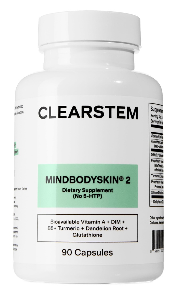 ClearSTEM - mindbodySKIN 荷尔蒙辅料(No 5-HTP) - 天然DIM辅料 - 皮肤护理维生素 - 荷尔蒙平衡剂,抗氧化剂 - Gluten Free, Cruty Free - 30 services, 90 capsules