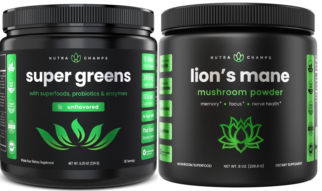 NutraChamps 超级绿色无味 & 狮子的曼绒粉. 绿色和适应源套装