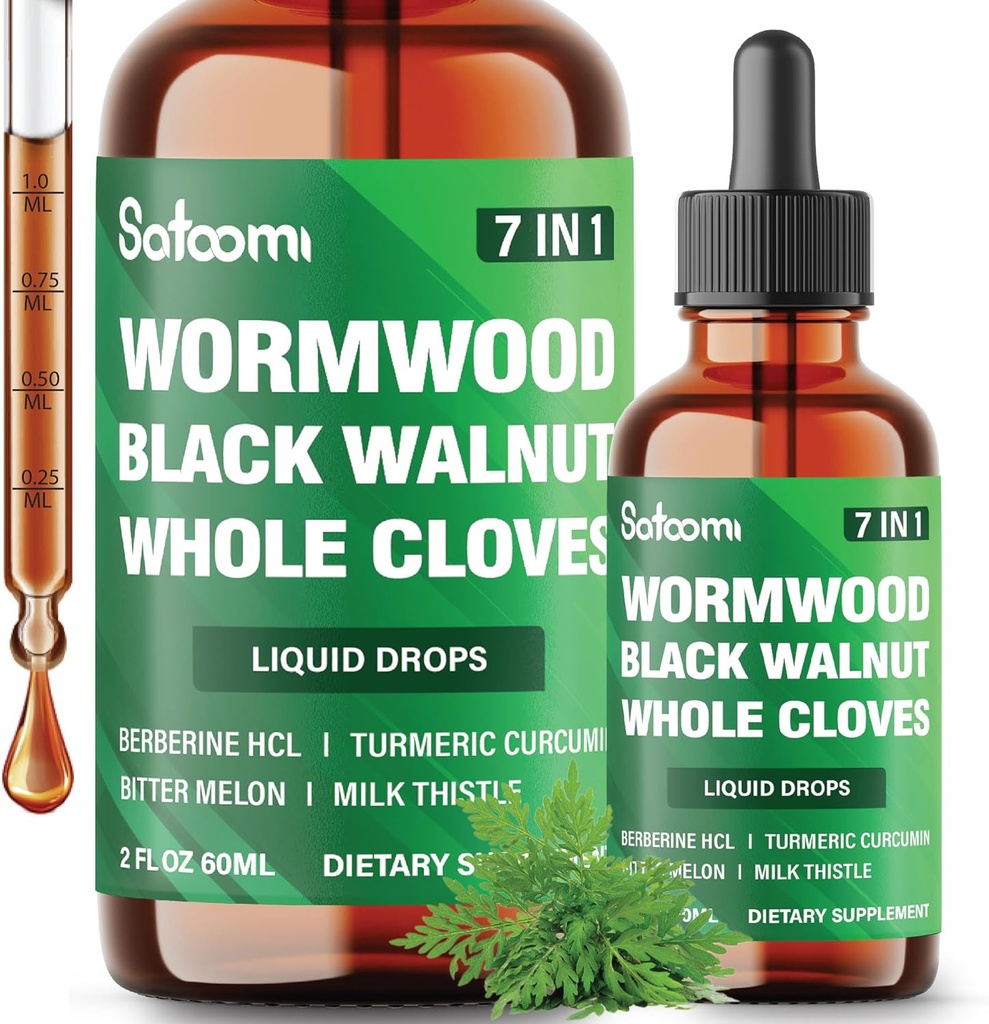 Satoomi 7in1 Wormwood Liquid Drops with Black Walnut, Father Cloves, Berberine, Milk Thetle, Bitter Melon and Turmeric - 60 ml for 60 days (英语) (英语).