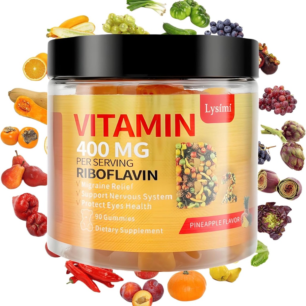 维生素B2 Gummys,维生素B2 Riboflavin Gummys 400mg,米格拉因救济和头痛 Riboflavin Vitamin B2 Gummys,Soy & Gluten - Free,90 儿童与成年人维生素Gummys