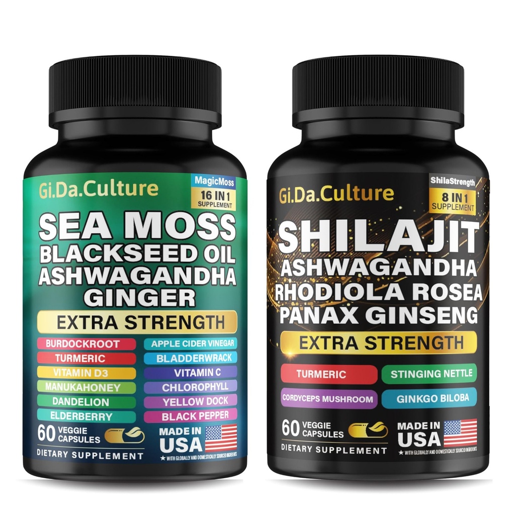 Shilajit and Sea Moss Combo - Sea Moss and Shilajit Bundle 配有 Ashwagandha, 黑种子, Turmeric, Bladderwrack, Burdock, 配有维生素和抗氧化剂的黑辣椒 - 120 Veggie Capsules