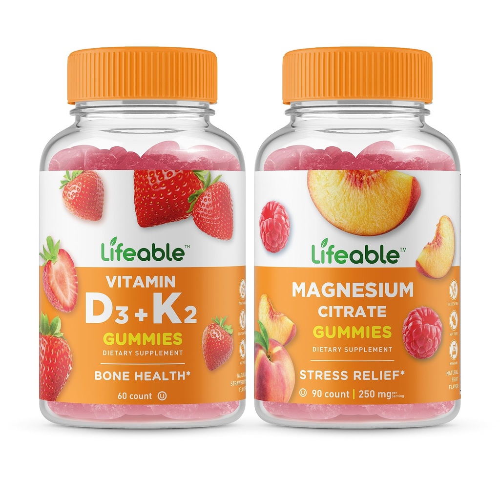 Lifeable Vitamin D3 + Vitamin K2 + Magnesium 85mg, Gummies Bundle - Great Tasting, Vitamin Supplement, Gluten Free, GMO Free, Chewable Gummy