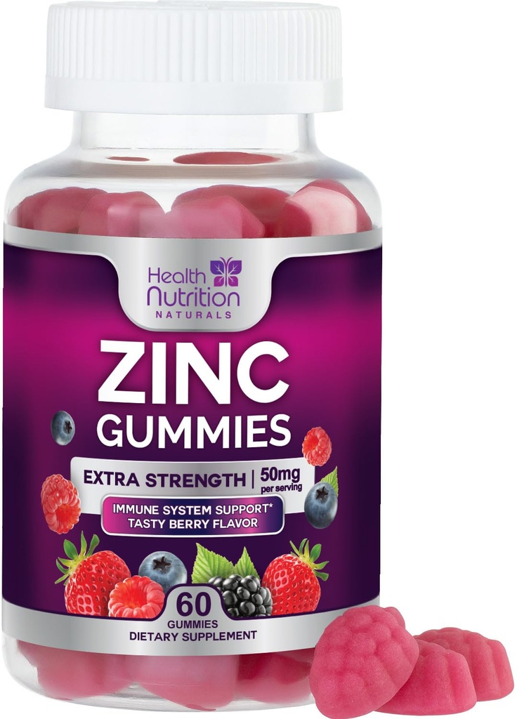 锌类补充物50mg 古米 - 最大强度皮肤健康和免疫支持 Gummy, Vegan, Non-GMO & Gluten Free - 最佳锌类补充物 Anti-oxidant & Bone Health Chewable Tasty Berry Flavor - 60 Gummys
