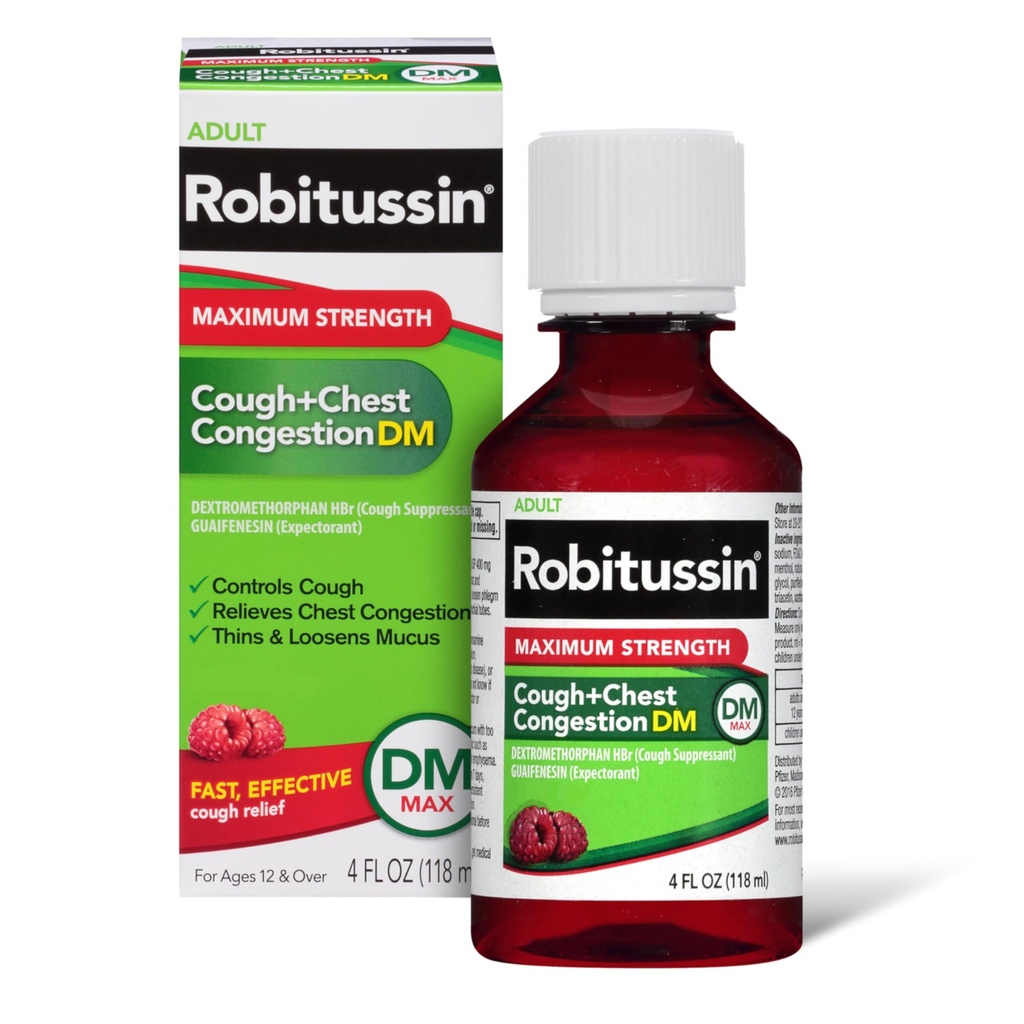 Robitussin 成人最大强度咳嗽 + 胸腔摄入 DM Max (4 f. oz. bottle), Cough Sprintant & Expeatorant, Raspberry Flavor