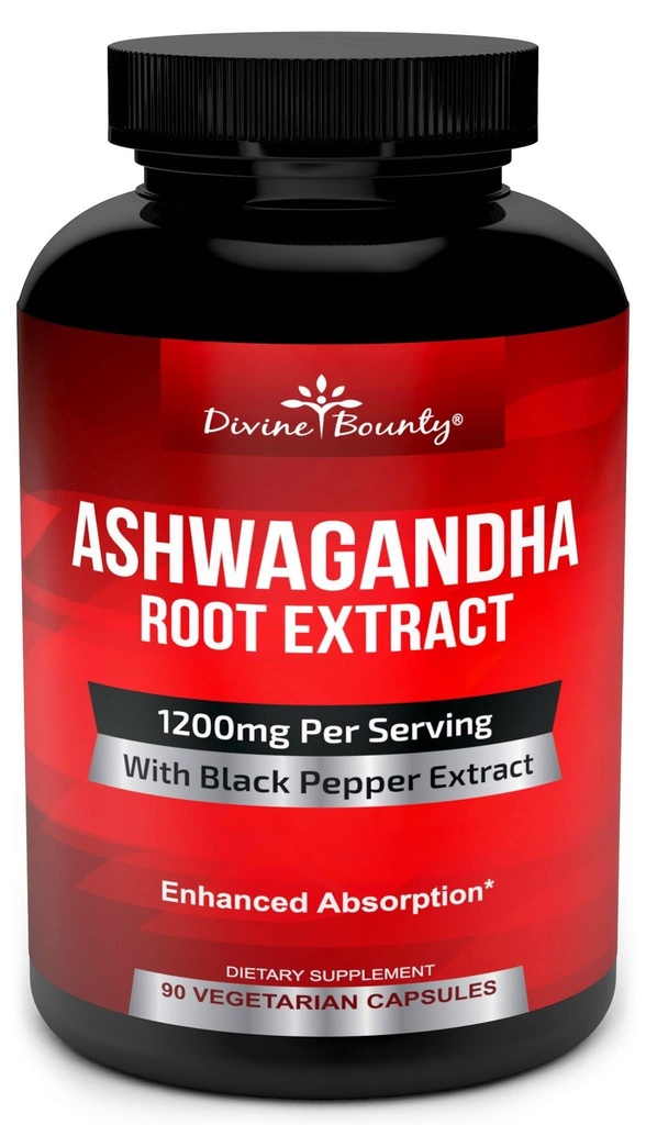Divine Boundy Organtia Ashwagandha Capsules - 1200mg Ashwagandha Powder with Black Pepper 用于强化吸收 - Ashwaganda 用于冷静和混合支持的补充 - 90 Veggie Capsules
