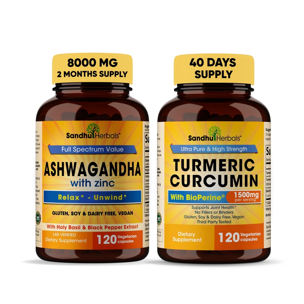 SANDHUHERBALS Organic 4in1 Ashwagandha w/Zinc & Organic Turmeric Curcumin w/Bioperine Black Pepper Extract| Supports Immune System| Non-GMO