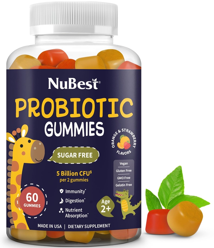 NuBest Daily Probiotic Gummys for Kids and Teens with 5亿 CMUs 支持Immune, Gut, 和消化健康 – no added Sugar – Yummy 草莓和橙色火焰 – 60 Premium Vegan Gummys