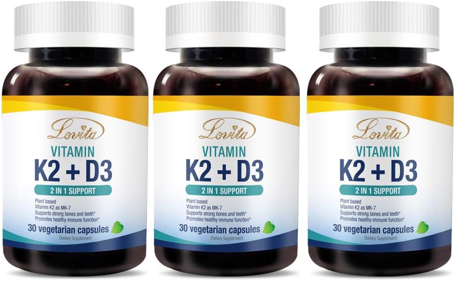 洛维塔维生素K2 + D3,400 IU Vegan维生素D3 和 120 mcg 维生素K2(MK-7), 2 in 1 Formula, Immune维生素复合体, 支持你的心脏,牙齿和免疫功能, 30 个蔬菜卡普尔(3包)
