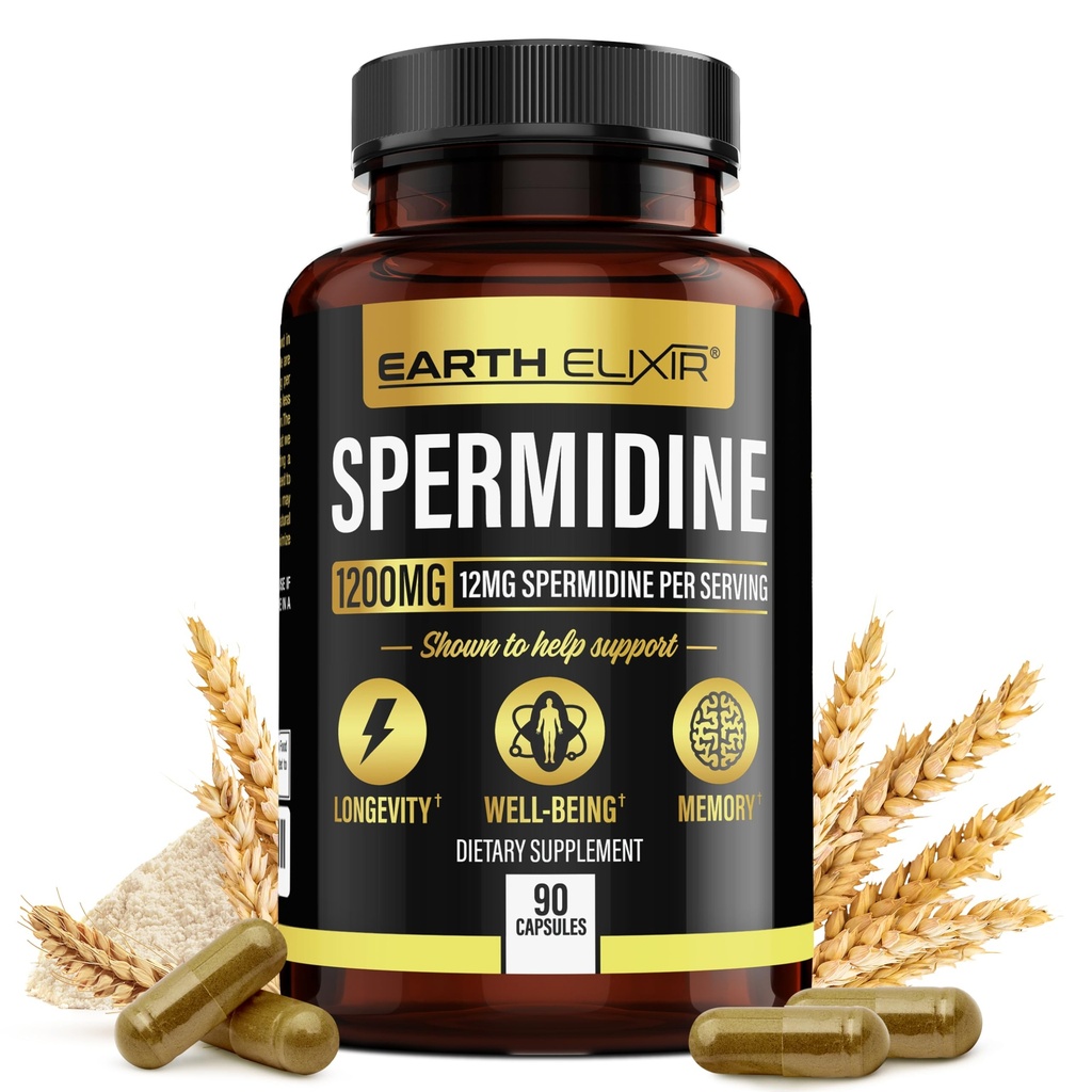 Earth Elixir Spermidine Supplements 1200mg (90 Capsules) – 抗衰老 – 第3党测试(12mg Spermidine Powder) Max Purity - 100%纯 Espermidina - 发酵麦芽提取 - NMN 备选案文