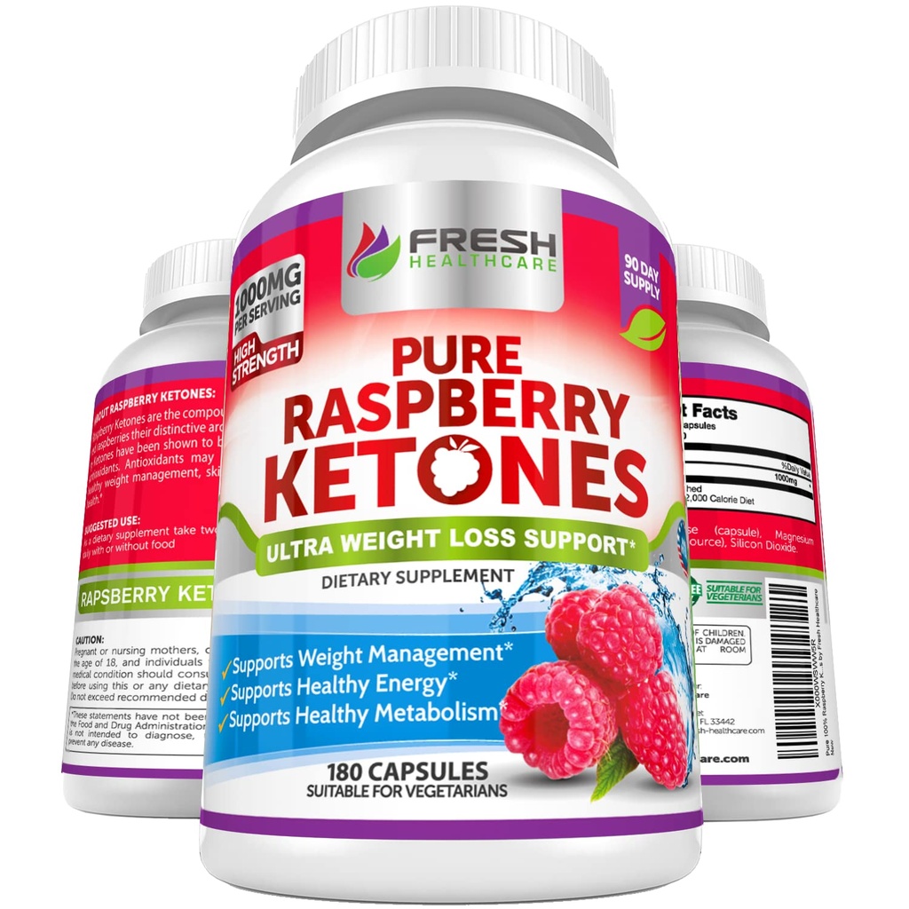 FRESH 健康纯度 100% Raspberry Ketones Max 1000mg Pervice - 3个月供应 非转基因 - 高级体重损失支持 - 180卡普尔