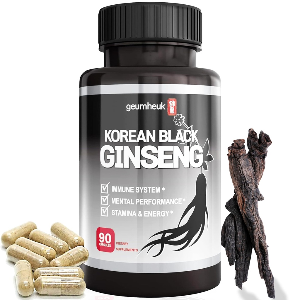 GeumHeuk 韩国黑Panax Ginseng Capsule 1000mg - 90 Vegan Capsules 非转基因生物、高Ginsenosides、高吸收率、增强豁免、智力表现、Stamina & Energy、男女