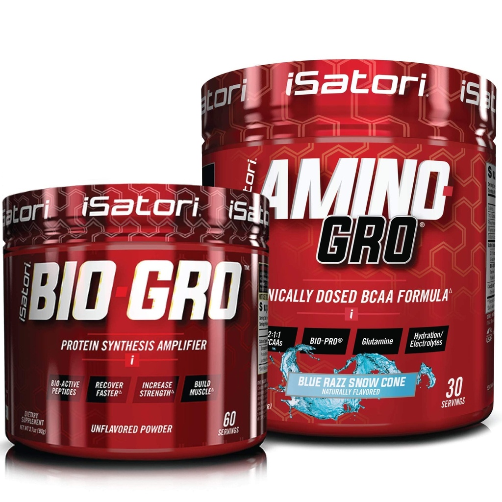iSatori Bio-GRO 蛋白质合成放大剂 - 无味(60种) & iSatori 氨基-GRO BCAA 粉末 - 蓝褐色雪锥(30种)