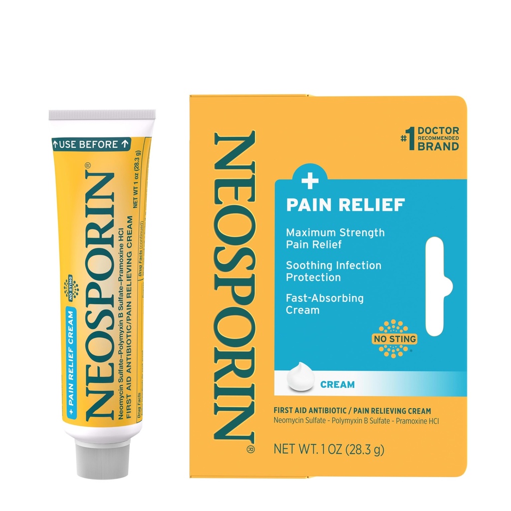 Neosporin + 最大Strength 止痛双重动作凝血剂、急救性专题抗生素和止痛性凝血剂,用于小伤口、碎屑和烧伤,Polymyxin B和Pramoxine HCl, 1 oz