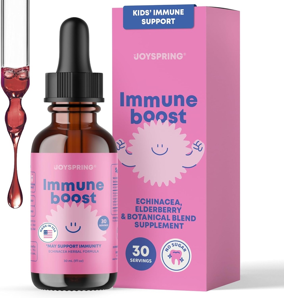 JoySpring Immune Drops - 儿童豁免支助补编(1 fl z, 30 services),配有有机老年莓液体、Echinacea、俄勒冈葡萄根和橙皮2-16岁+ 年龄和成年人