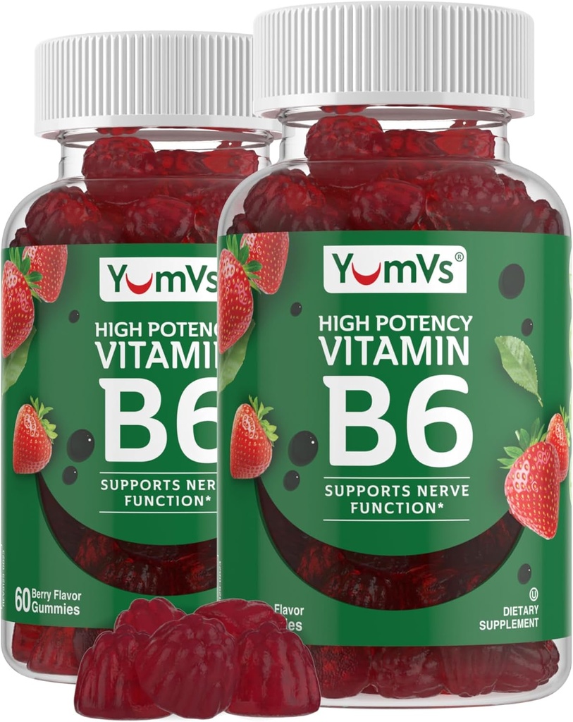 YUM-V的维生素B6 Gummys - 高钾维生素B6 100mg - 草莓Flavor B6 维生素Gummys - Nerve & Immune函数,非GMO Kosher, 60 Counter - 2 Pack