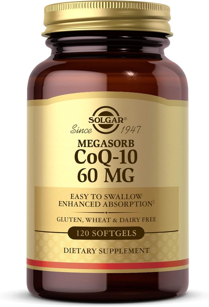 Solgar Megasorb CoQ-10 60 mg, 120 Softgels - 支持心与脑健康 - Coenzyme Q10 补充 - 强化吸收,容易吞咽 - Gluten Free, Dairy Free - 120 服务