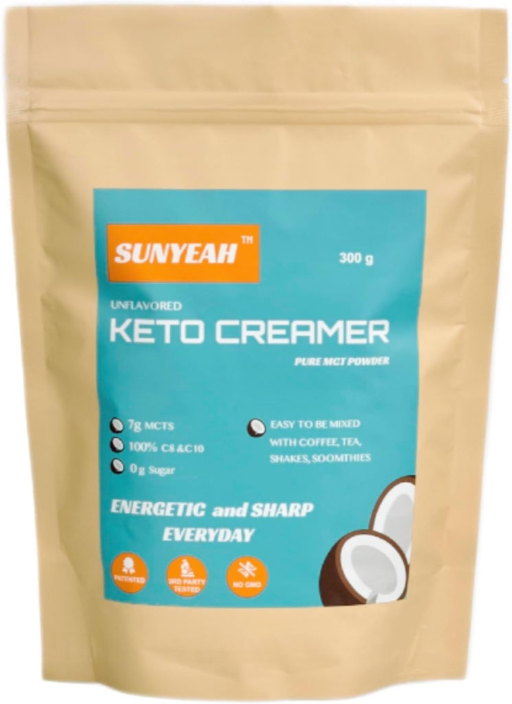 SUNYEAH MCT 油粉 - MCT 油粉 KETO 咖啡奶粉 KETO Creamer,纯C8 C10,无苏加,来自椰子,300克,在咖啡,茶,水,摇晃,滑润,无味,无GMO方面表现优异.