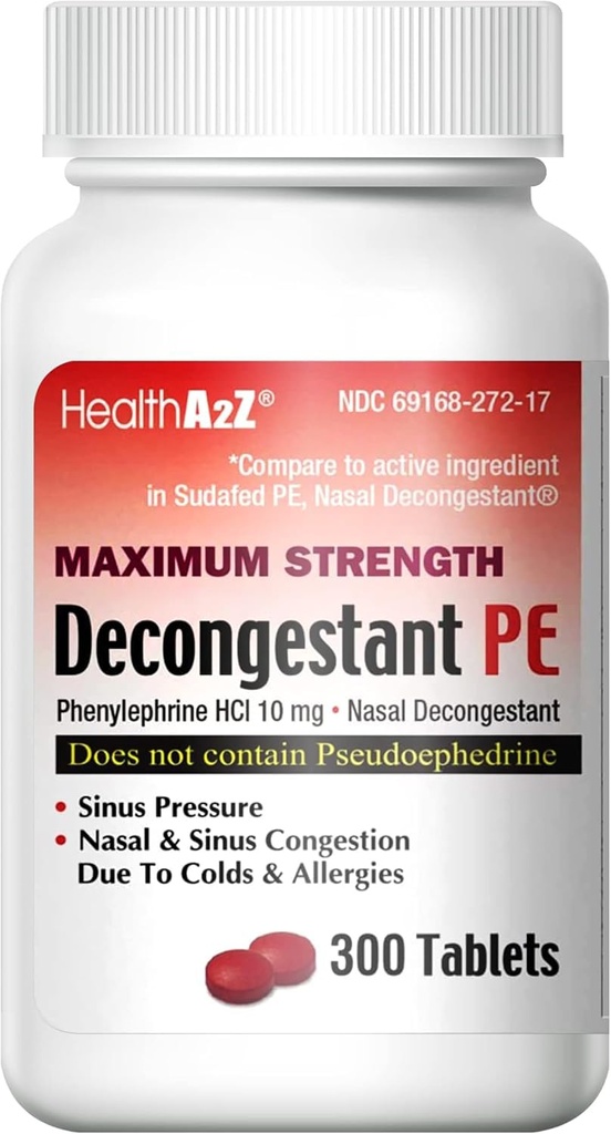健康A2Z®十氯乙烷 PE | Phenylephrine HCl 10 mg | 最大强度 | Nasal & Sinus 摄入量因寒冷和过敏而得到缓解(300个计数(一包))
