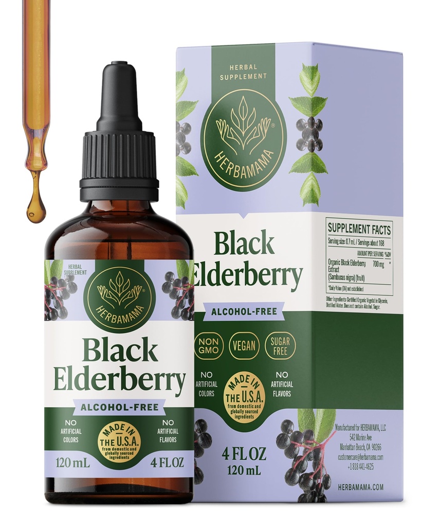 HERBAMAMA 黑老莓滴 - Vegan 老年莓液体提取用于免疫支持 - 非GMO,酒精和无糖豁免补编,42天供应