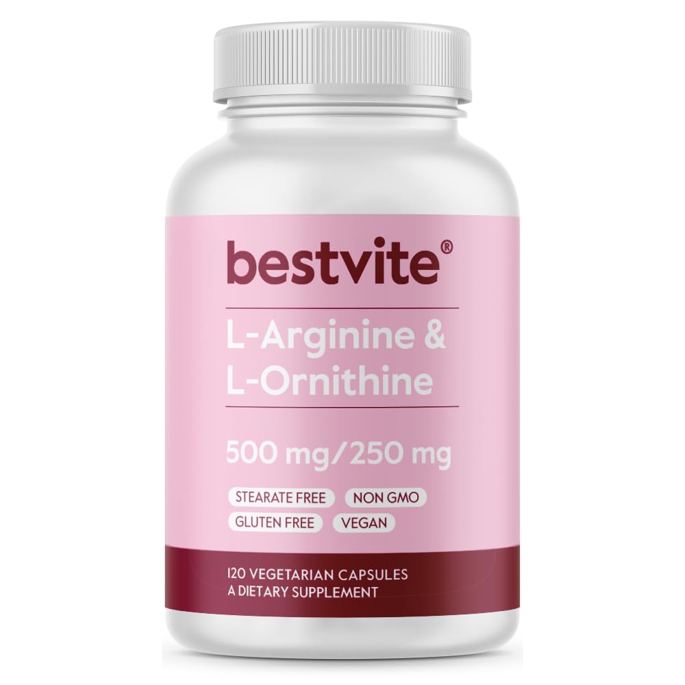 BESTVITE L-Arginine L-Ornithine 500-250(120 植物胶囊) - 无树脂 - 无填料 - Vegan - 非转基因 - Gluten Free - 无硅酸钙