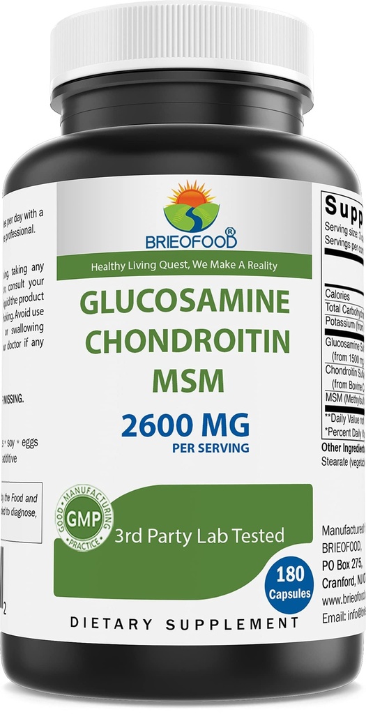 Brieofood 三强Glucosamine Chondroitin MSM 2600mg/ serving Capsules, 支持健康联合体, Cartilag and Connective 组织 - 促进联合舒适性和灵活性 180 Count