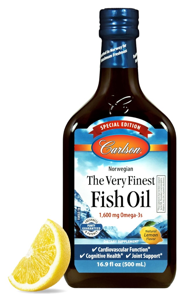 Carlson - The Very Fish Oil, Special Edition, 1600 mg Omega-3s, Liquid Supplements, 挪威鱼类 Oil, Wild-Caught, 可持续来源液体,柠檬, 500 mL (16.9 Fl Oz)