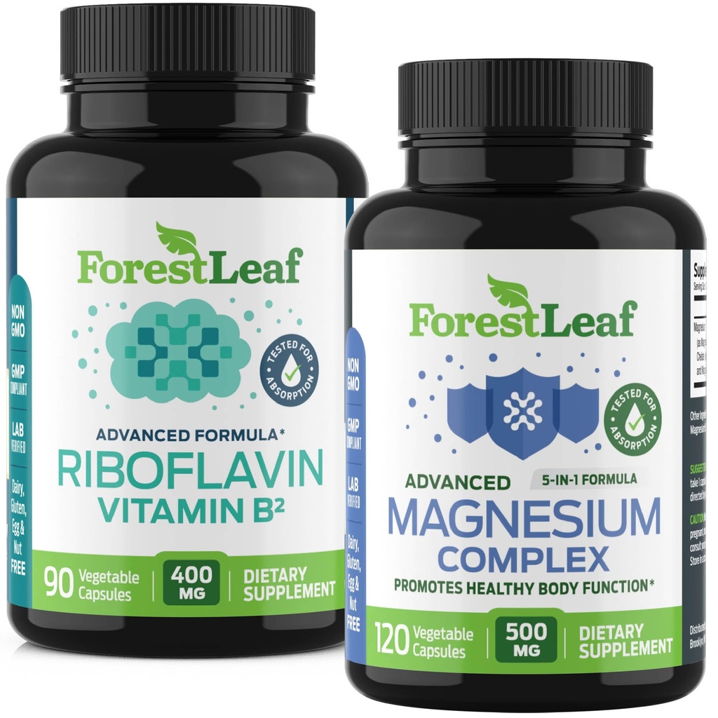 ForestLeaf Riboflavin & Magnesium Migraine 补充剂 - Riboflavin 400mg用于头痛救济 - Ultimate Magnesium Bundle 与 B2维生素400mg用于头痛Migraine 救济盖