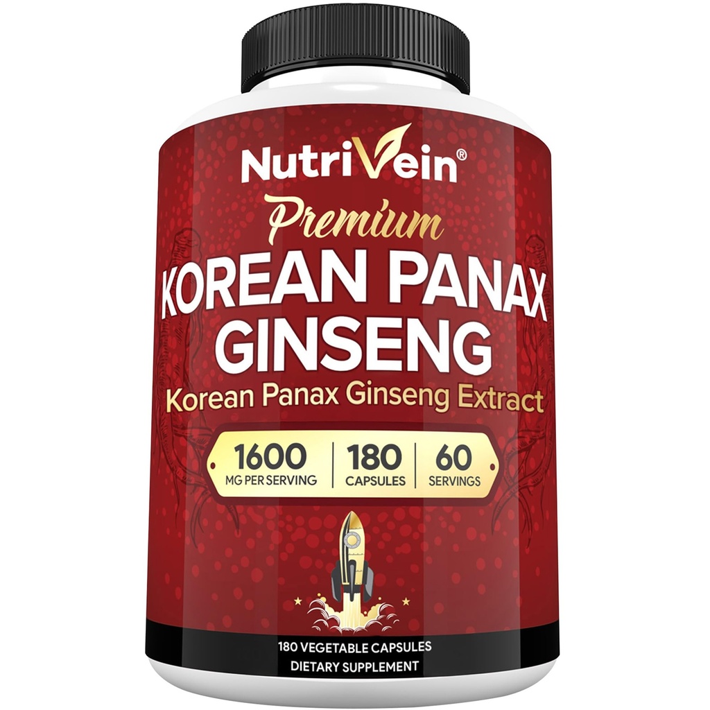 营养素 韩国红Panax Ginseng 1600mg – 外力公式 – 180 Capsules – 助力能量,精神焦点和免疫健康 自然