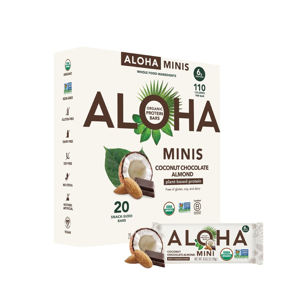 ALOHA 有机植物蛋白质 Bar MINIS | Coconut 巧克力杏仁 | 20 Counter, 24g Bars | Vegan, 低糖, Gluten Free, Paleo, 低碳, 非GMO, Stevia Free, Soy Free, 无糖酒精