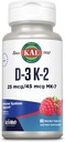KAL 维生素 D3 K2 ActivMelt, Bone Health, Heart and Immune Support 补充 w/ D3 1000 IU和 MK7 维生素 K2, 即时溶解 Tabs, Natural Raspberry Flavor, 60 services, 60 微片