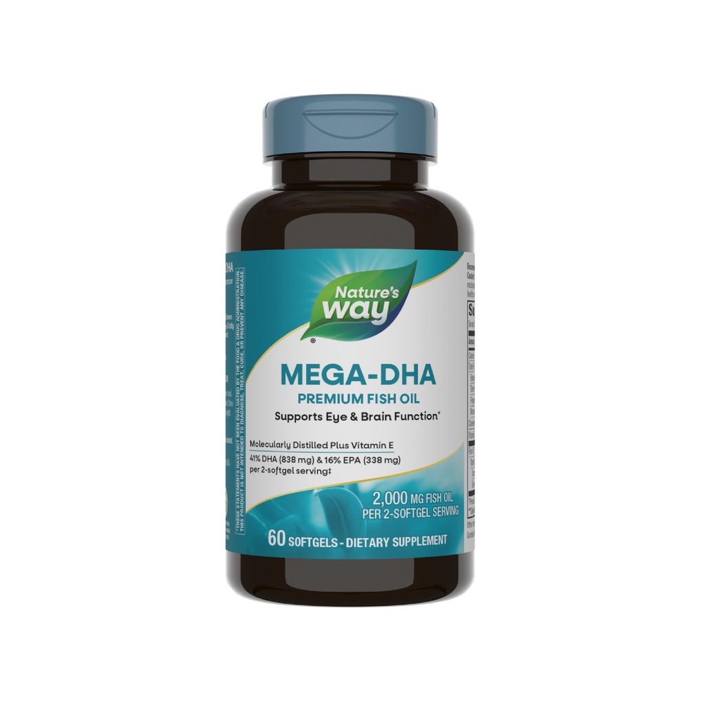 Nature's Way Mega-DHA Premium 鱼油,支持眼和脑功能*,Omega-3,每2-Softgel服务2 000 鱼油毫克,60 Softgels (Package May Vary)