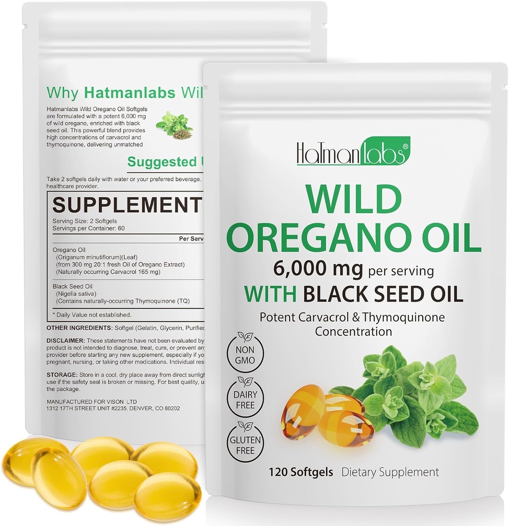 Oregano Capsules的石油 - Oregano软胶的成份油 - Oregano软胶的成份油 - Oregano的成份油 1 600mg 黑种子油 200mg - 高卡瓦罗尔和Thymoquinone 用于免疫支持