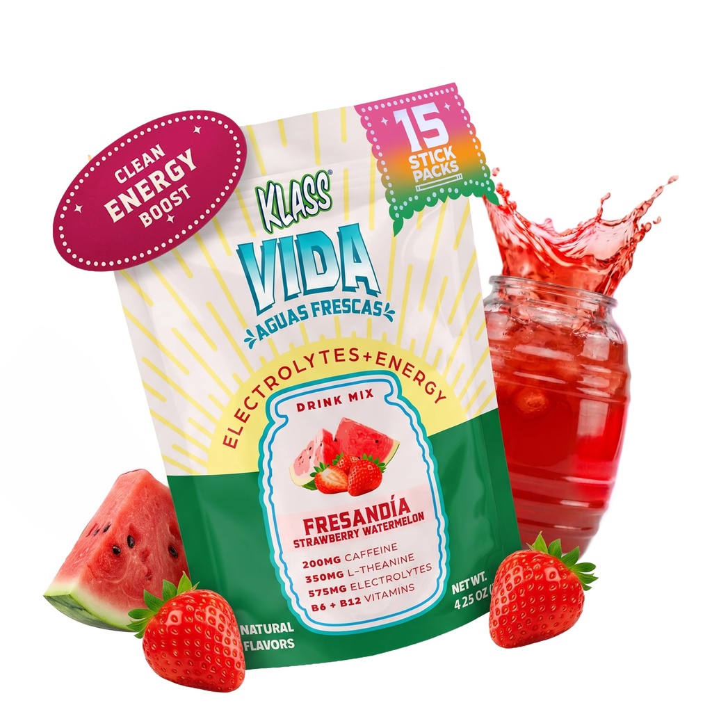 水分+能量电解 饮料混合 – 草莓西瓜 Agua Fresca Flavor – 配有咖啡因的无糖粉 L-Theanine,椰水和矿物 → 15 单工棒包装