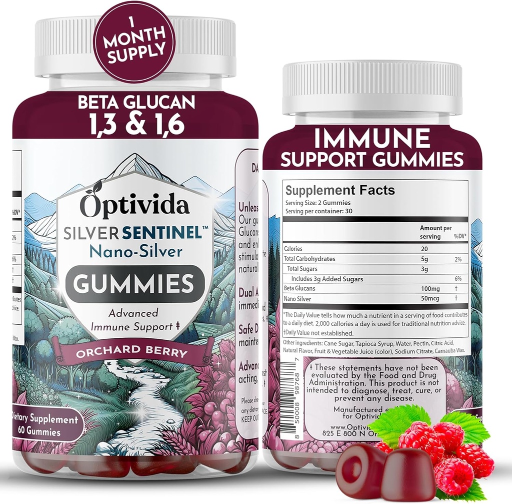 Optivida Nano银矿支持Gummys (60 Counter) – Beta Glucan 每日Immun支持的补编 Orcard Berry Flavor 用于Immune健康,与Beta Glucan 100 的Colloidal银矿支持