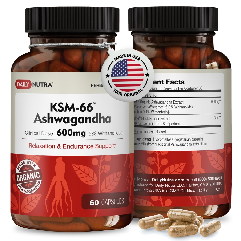 Daily Nutra KSM-66 Ashwagandha 600mg 有机根提取法 - 5% Withanolides 的高潜力补充剂 – 缓解疲劳、支持放松、聚焦、能源、肌肉生长(60卡普尔)