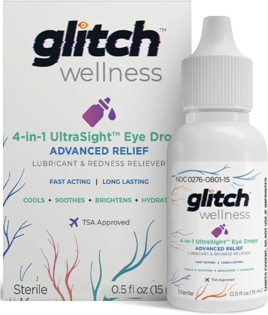 Glitch UltraSight Eye Dry Eyes 15mL - 4 in 1 Advanced Relief Dry Eye Dropps - All day complete with wadtion, Brighting, cooling - 有效苏打刺激和干燥 - 0.5 Fl Oz