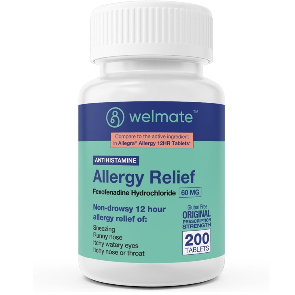 WELMATE - 过敏性缓解 - Fexofenadine HCl 60 mg - 12小时非昏睡性安非他明 - 喷嚏 - Runny Nose - 眼痒、鼻喉 - 过敏性缓解片 - 200个计数