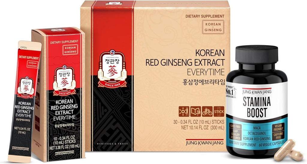 JUNG KWAN JANG 韩国红色Panax Ginseng 能源套装 - 每一次抽取3000mg 棒(30个计数) & 每日生命力的男子 Stamina 靴子(60个卡普尔)
