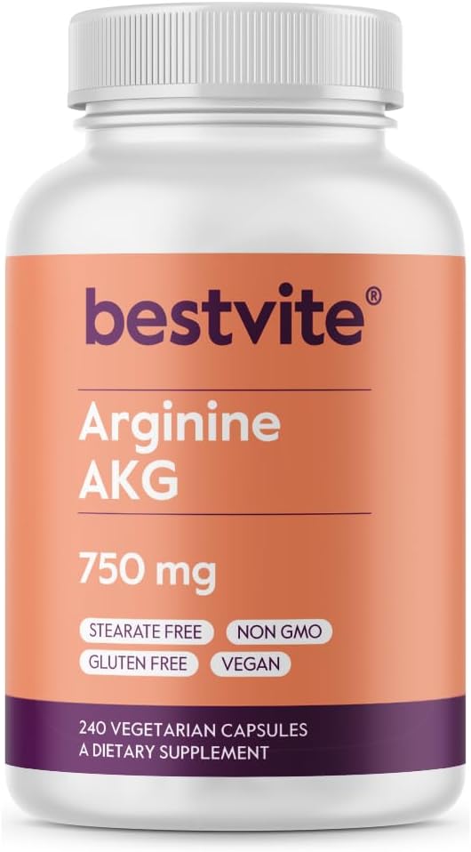 BESTVITE Arginine AKG 750mg(240个植物卡普勒斯) - 无 Stearates - Vegan - 非转基因 - Gluten Free
