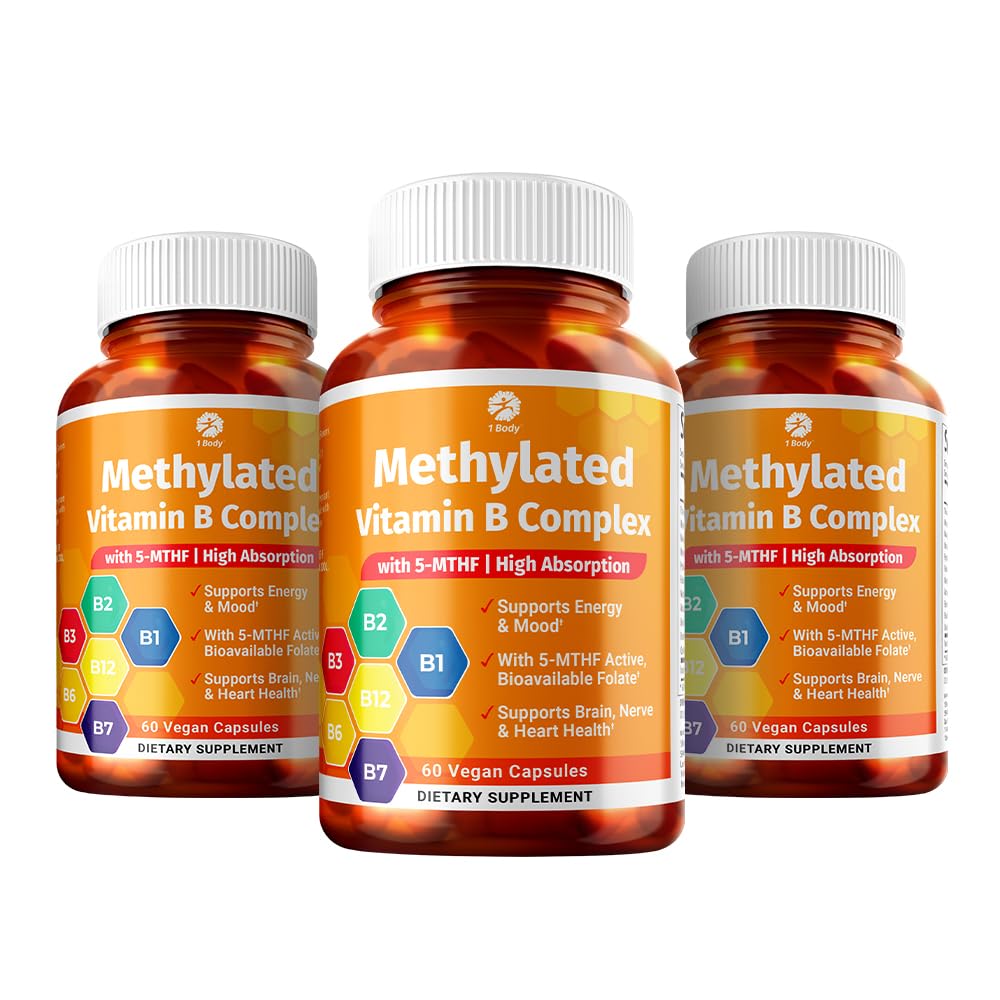 1 肉类维生素B 复合体 3 Pack – 含有5-MTHF Folate,B1,B2,B5,B6,Methy B12,Niacin & Biotin – 非GMO,Vegan,美国制造的生物维生素B