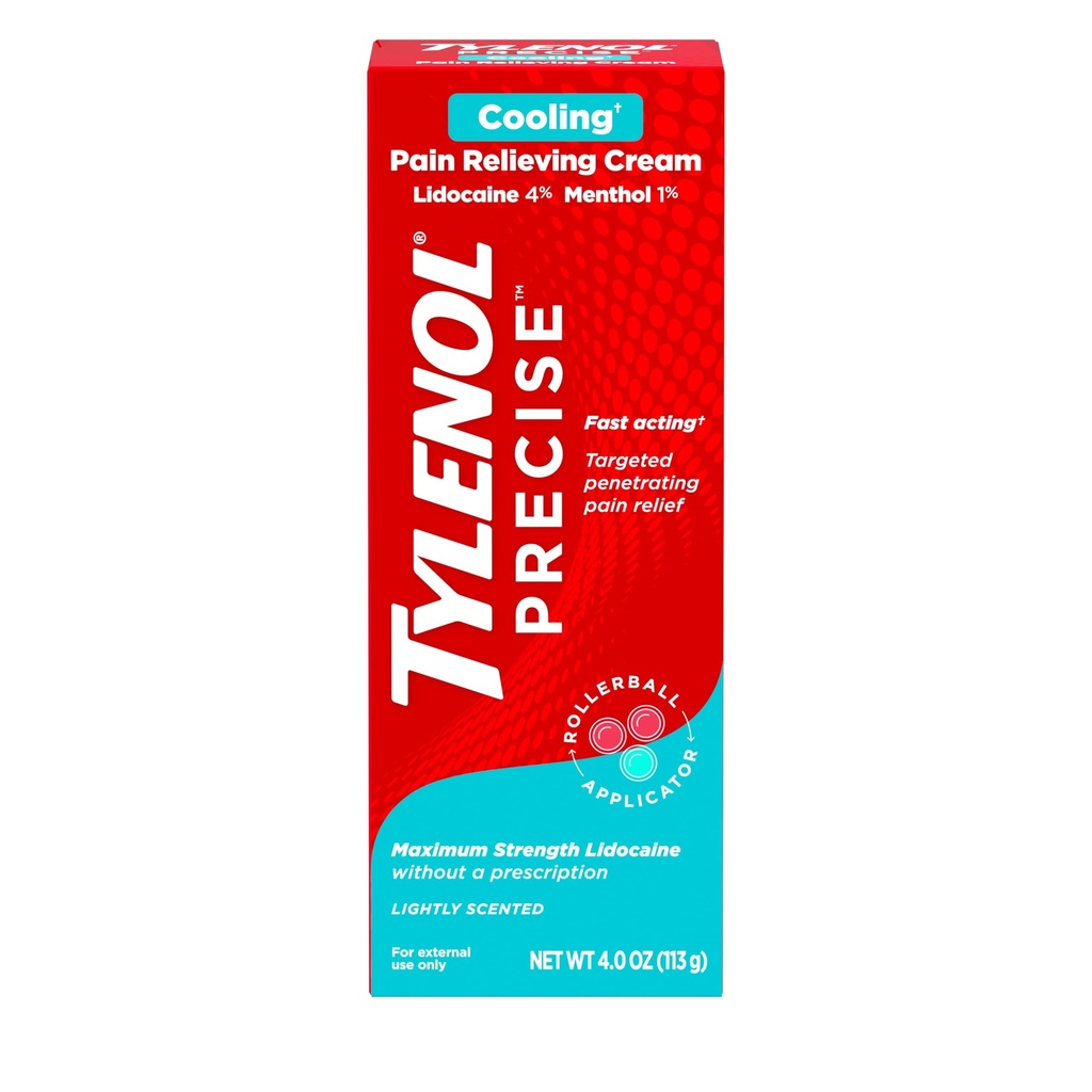 Tylenol 精准冷却 Numbing Cream, 最大强度 4% Lidocaine 和 1% Menthol 主题性镇痛药 止痛药 Cream for Back, Muscle & Joint, Rollerball 应用器, 快动作, 轻Scent, 4 oz