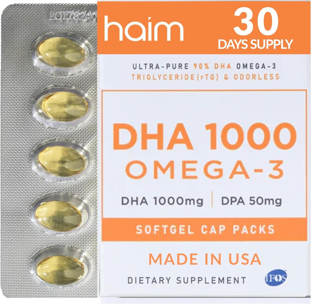 HAIM DHA 1000 Omega-3 鱼油 - 纯度90%,含1000mg DHA,50mg DPA - 大脑,眼睛和心脏支持的高概率鱼油补充剂 - 促进整体健康与焦点 - 1盒,60软胶