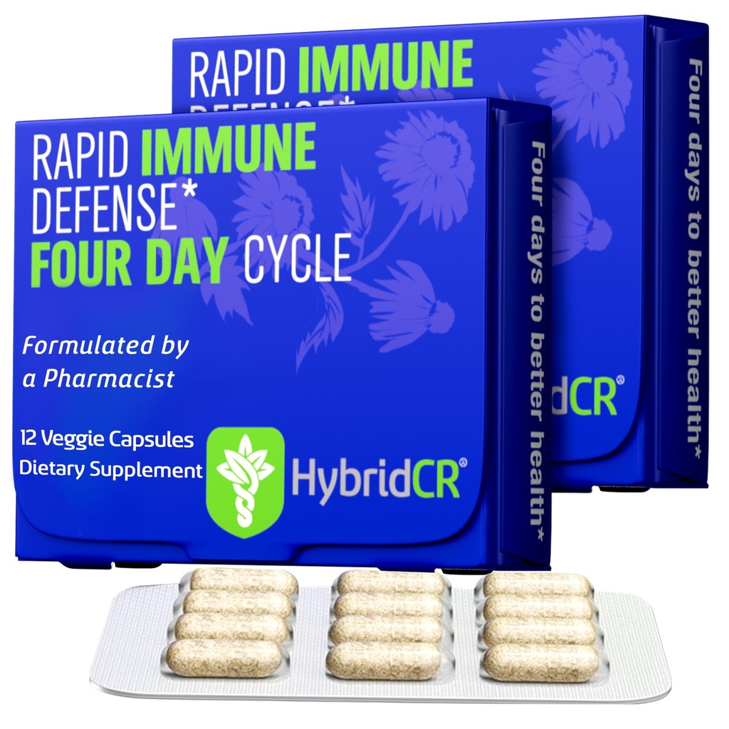 HybridCR 快速免疫支持补编 - 4日豁免补编 - 免疫防御助推器 Echinacea, Ginseng, Androogris, Zinc, Selenium – 旅行尺寸系统支持 - 24 Caps, 2 Dose Packs